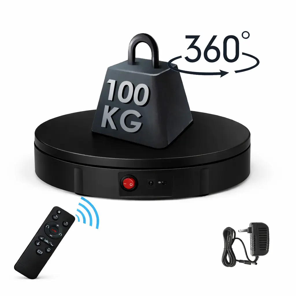 TURNTABLE ROTATING SANS FIL RECHARGEABLE AOMDOM EXPOSITION PRODUIT VIDEO PHOTOGRAPHY 360 30CM 100KG AVEC TELECOMMANDE ADJUSTABLE BLACK NOIR